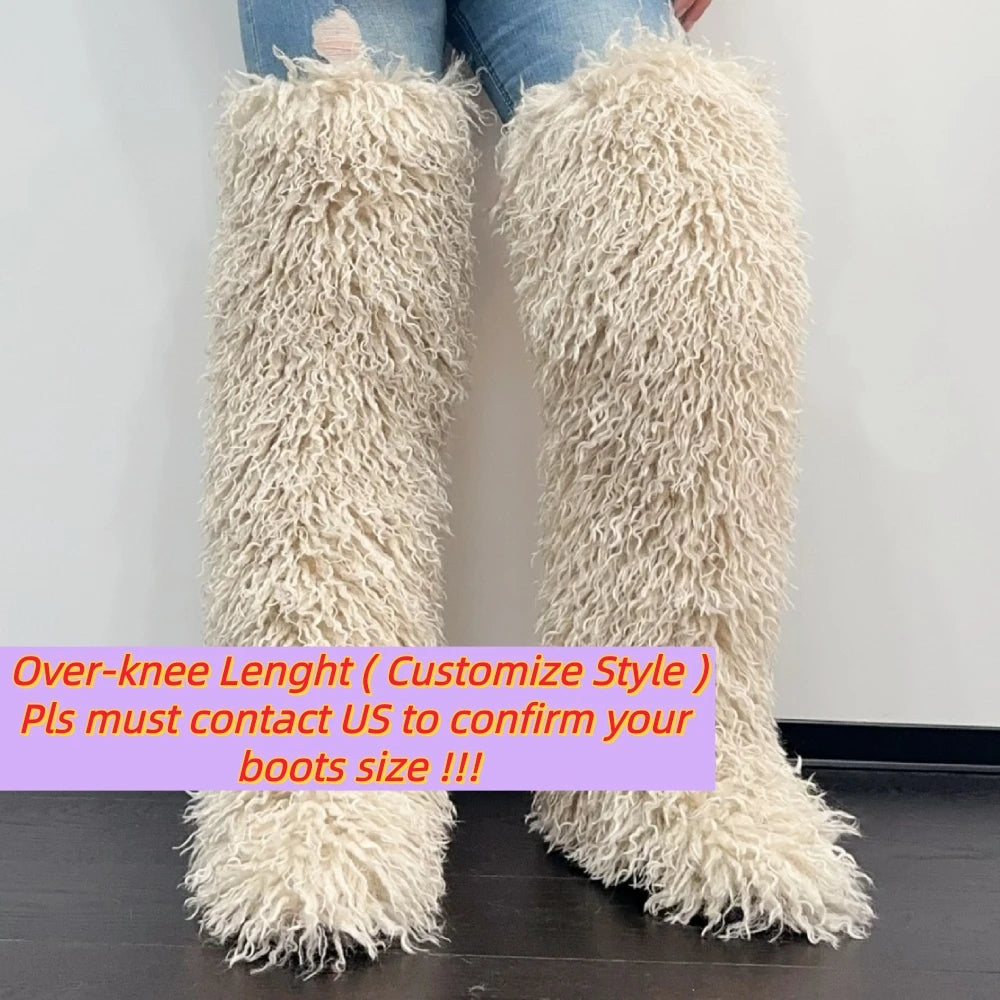 White fluffy over-knee boots on a plain background with text overlay.