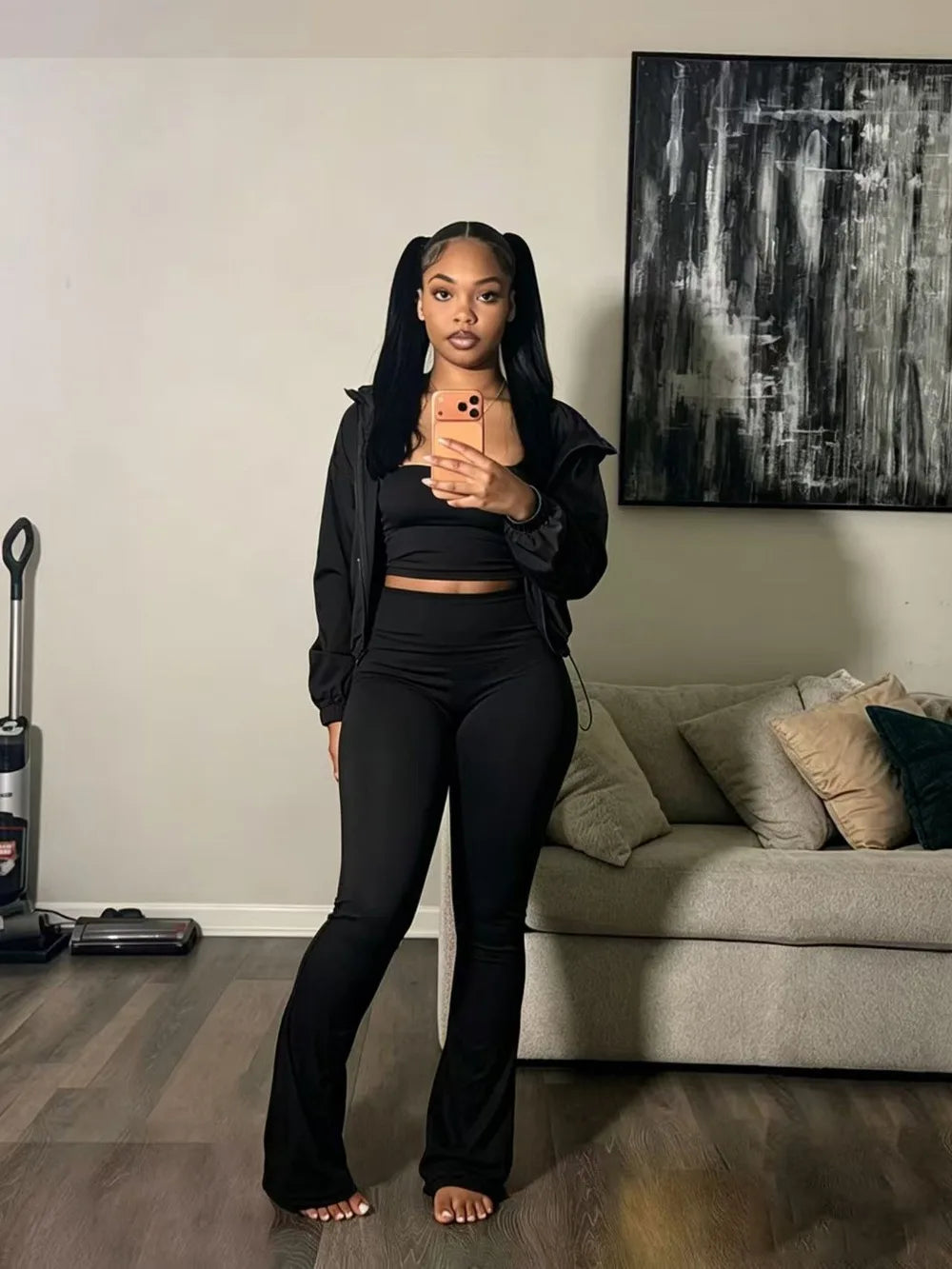Sporty Drawstring Jacket and Pants Set