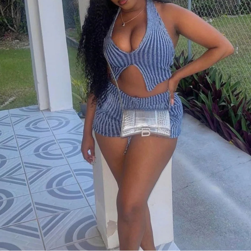 Ribbed Halter Backless Bodycon Short Set