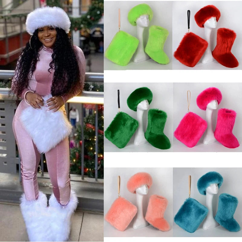 Fox Fur Snow Boots Headband and Handbag Set