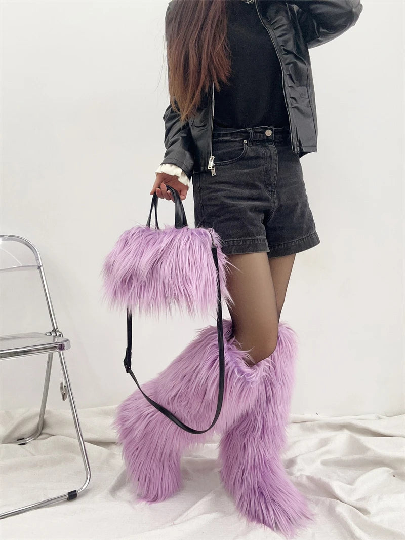 Plush Fur Boots and Bag Set