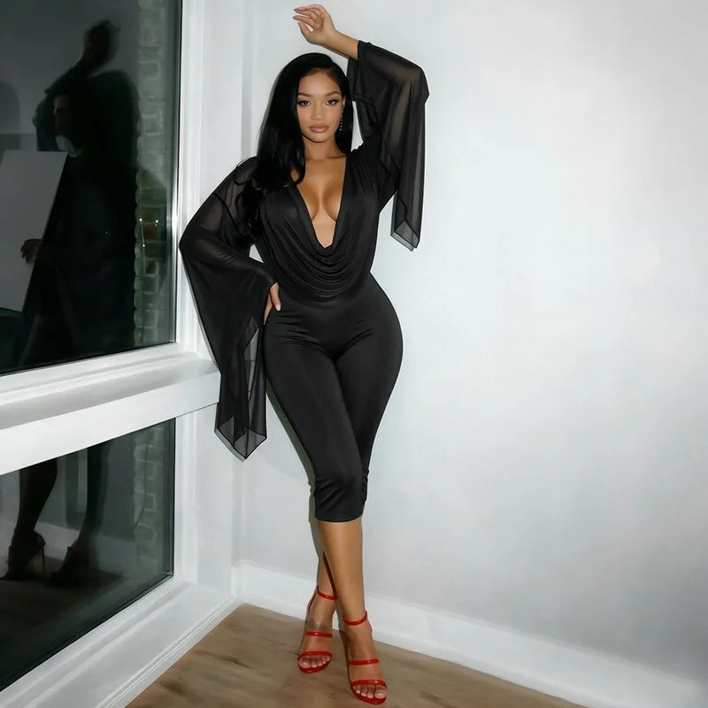 Mesh V-Neck Flare Sleeve Two-piece Set