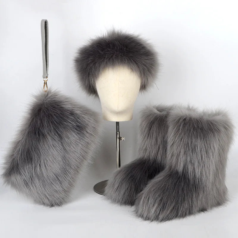 Fox Fur Snow Boots Headband and Handbag Set