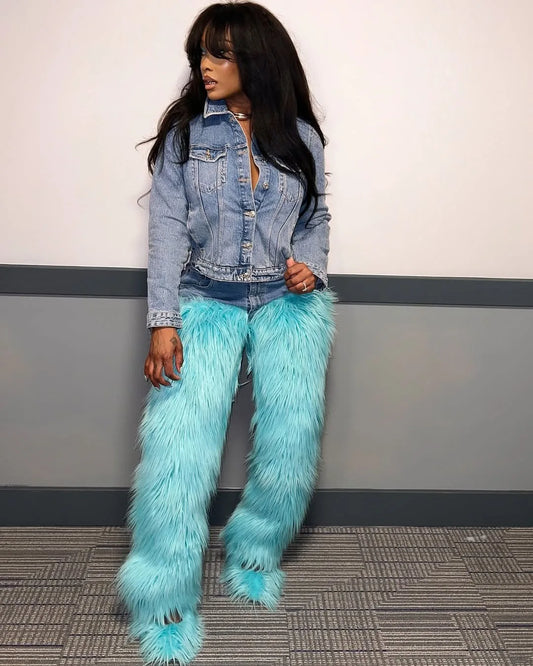 Denim Fur Bodycon High Waist Pants