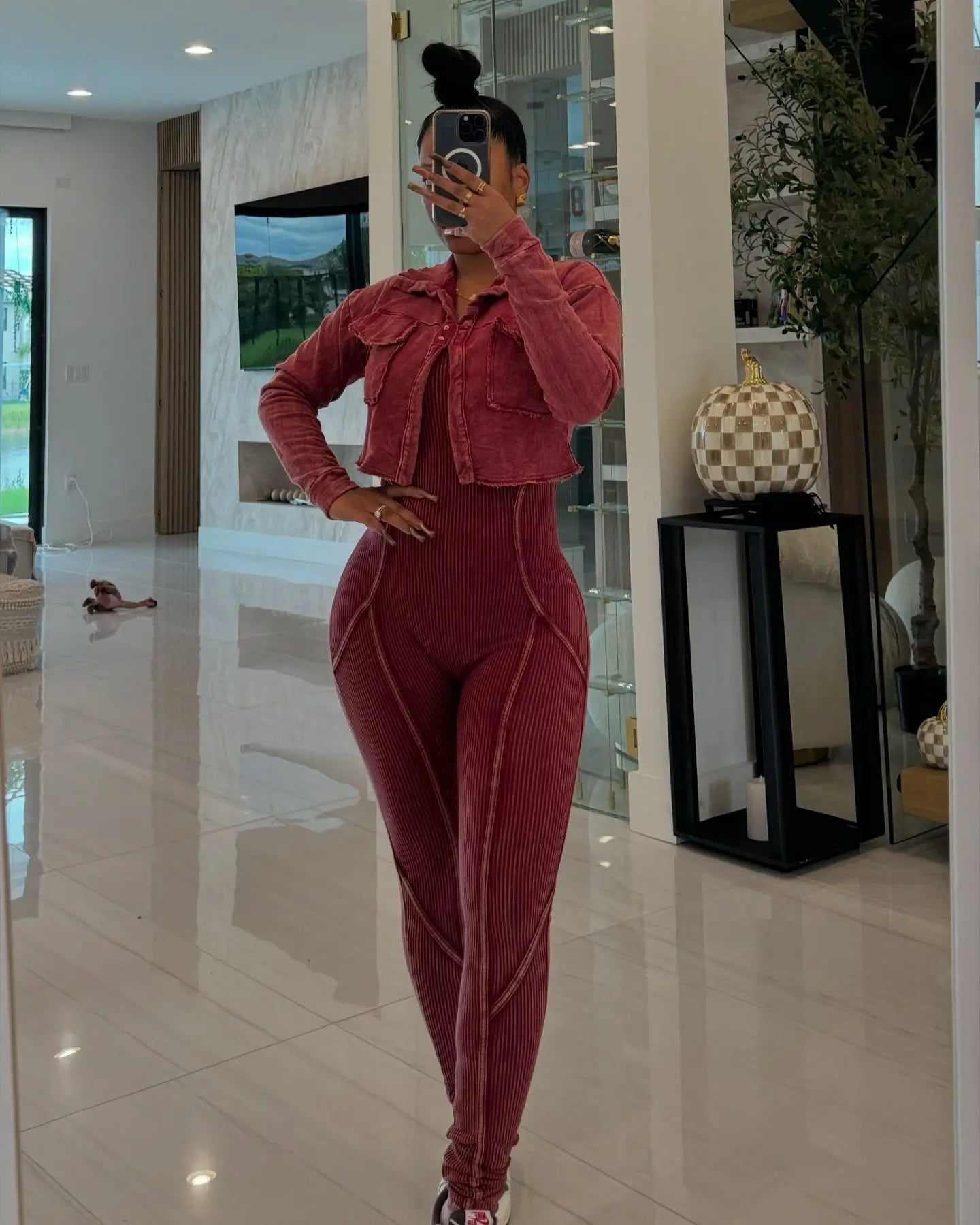Ribbed Long Sleeve Crop Jacket + Bodycon Jumpsuit.