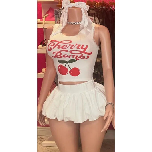 Cherry Tank Top Mini Pleated Skirt Set