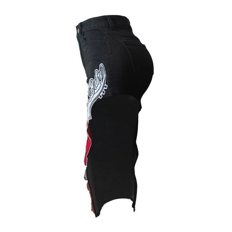 Graphic Letter High-Waisted Denim Skirt