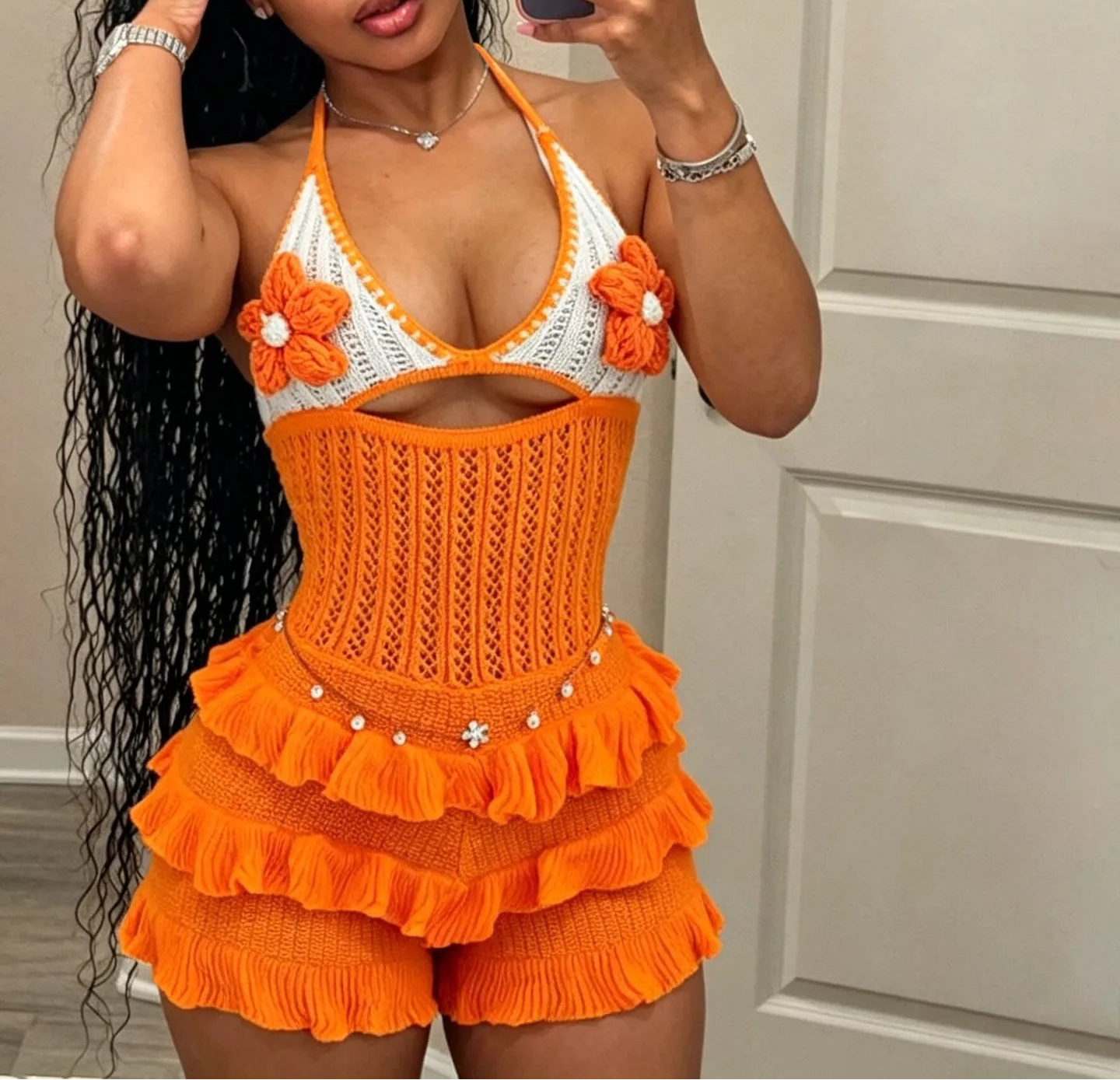 Flower Lace-up Halter Romper