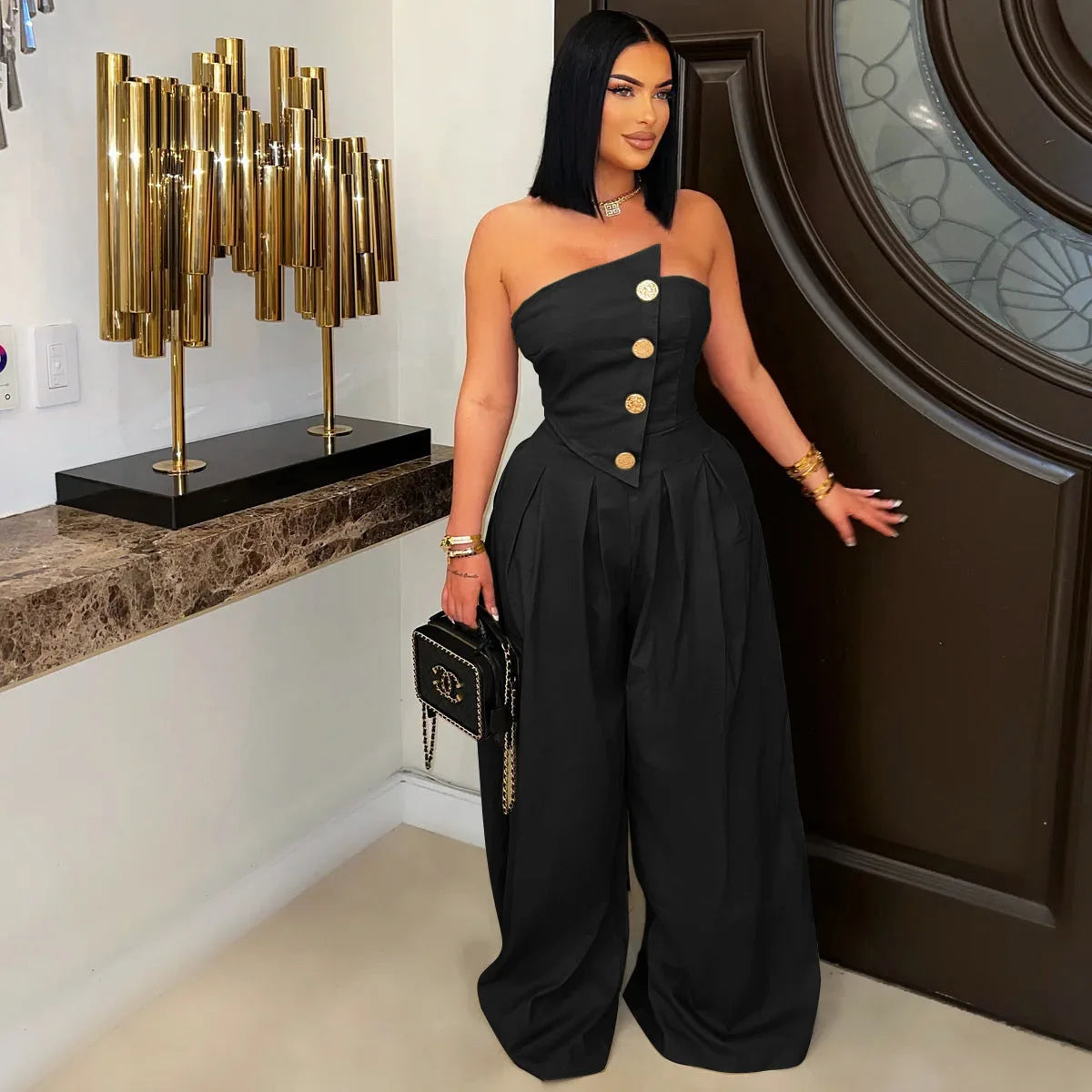Button Strapless One-Piece Romper