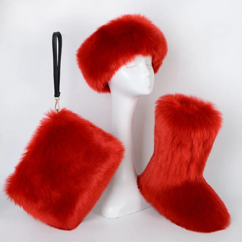 Fox Fur Snow Boots Headband and Handbag Set