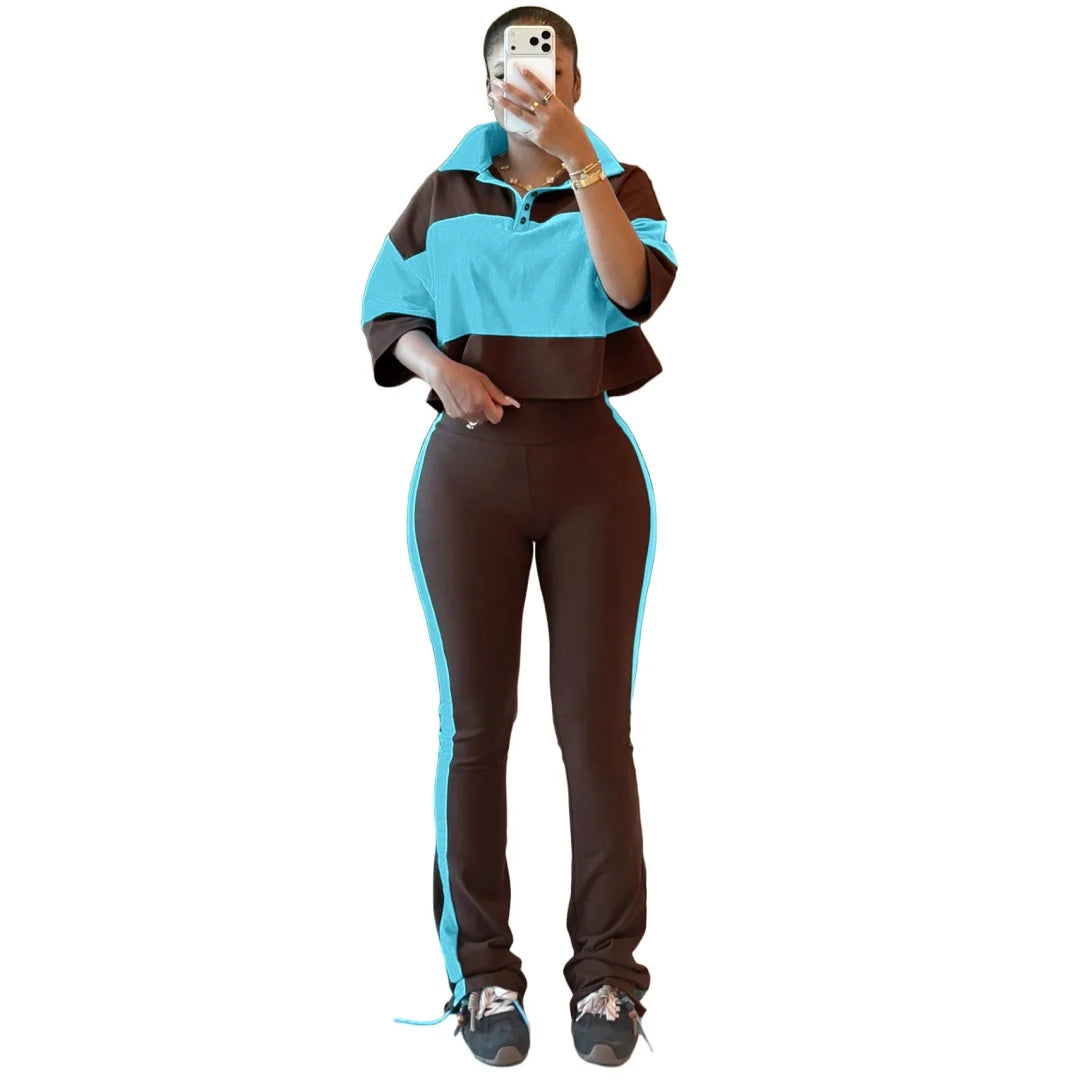 Color Block High Waist Flare Pants Set