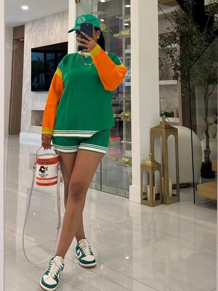 Casual Color Short Knit Two-piece Suit