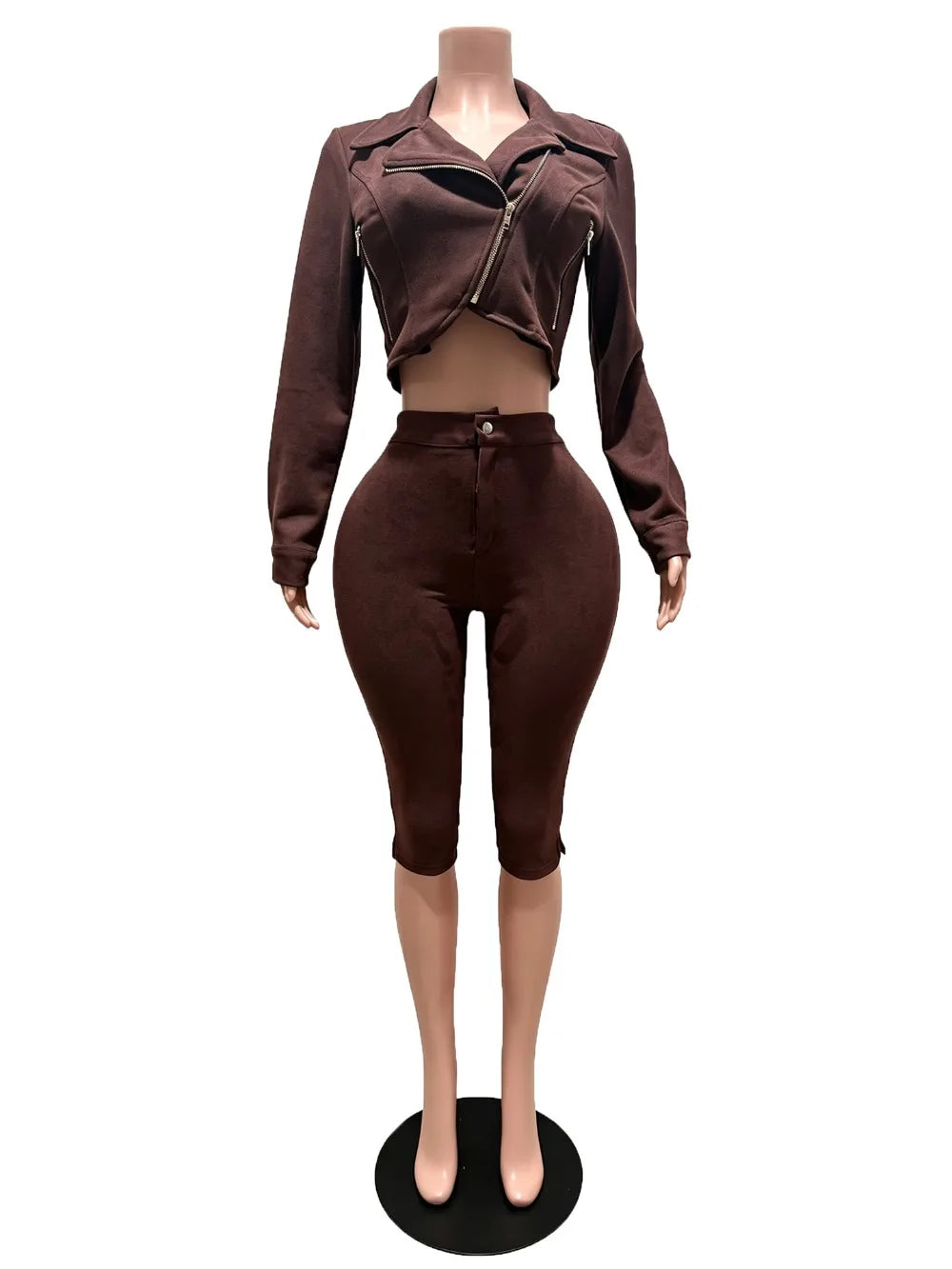 Suede Zip Crop Jacket and Capri Pants Set