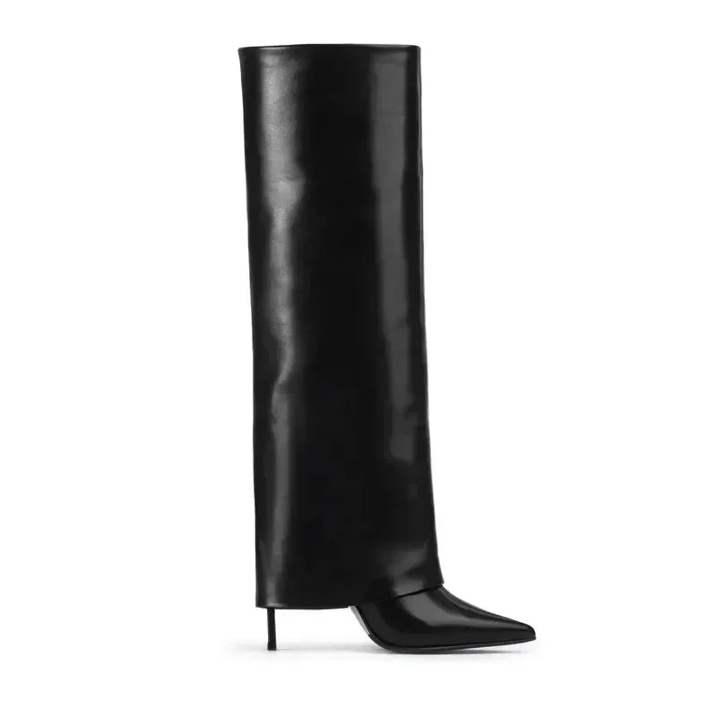 Knee-High Leather Skirt Boots