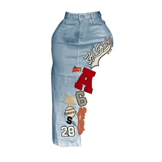 Graphic Letter High-Waisted Denim Skirt