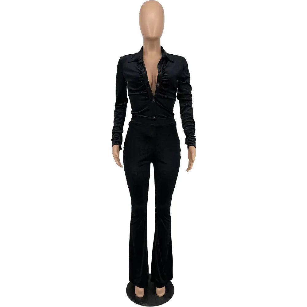 Ruche Button Crop Top and Flare Pants Set