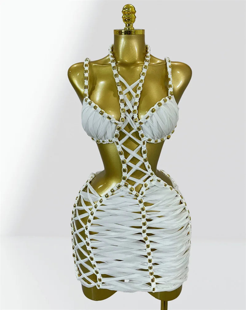 Metal Bead Detail Lace Up Cutout Bodycon Dress
