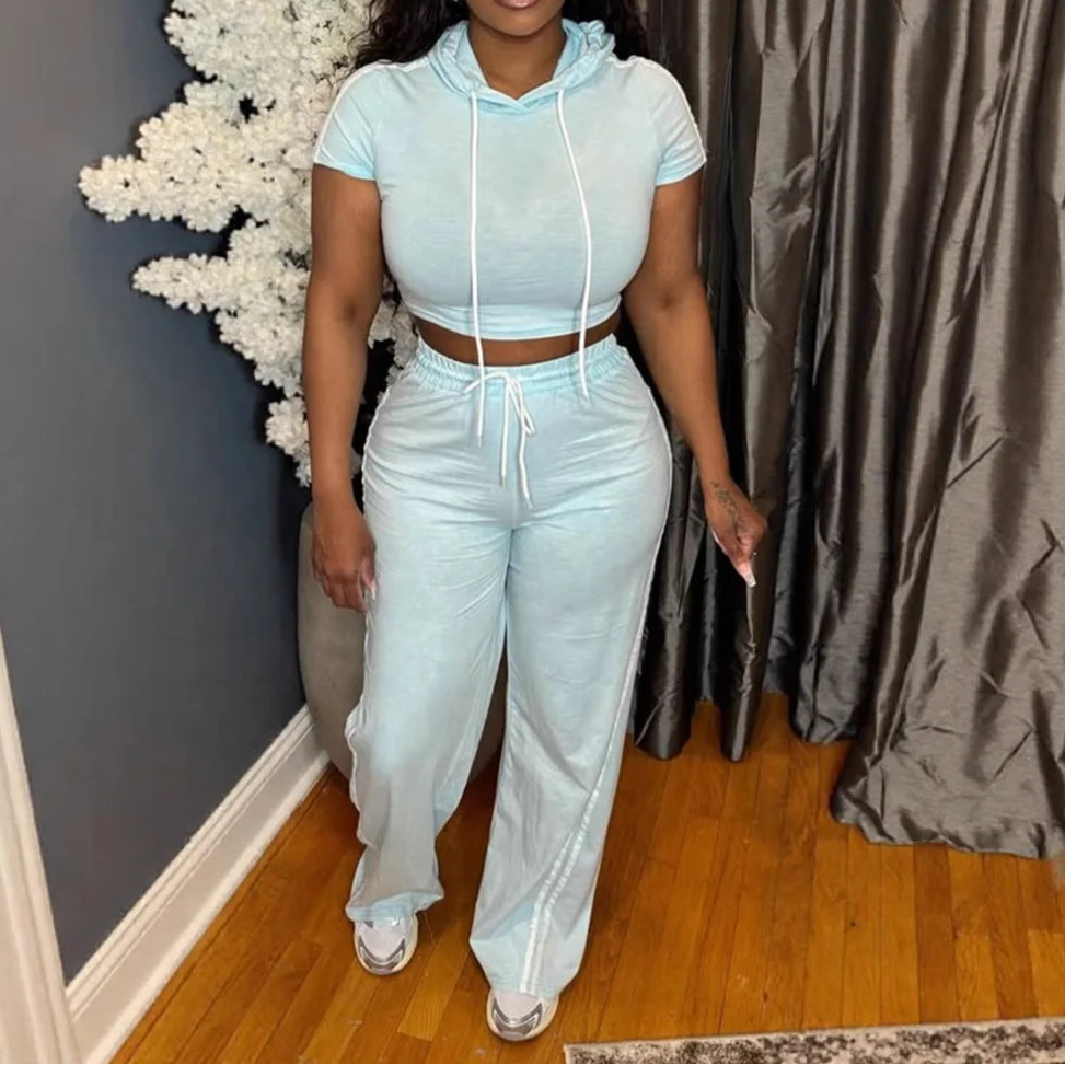 Cute and Comfy Two-Piece Stripe Crop Top and Pants Set.