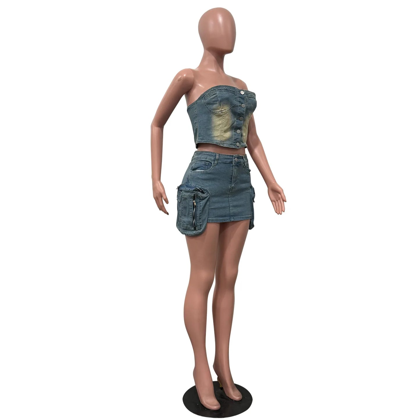 Denim Backless Crop and Matching Skirt Set