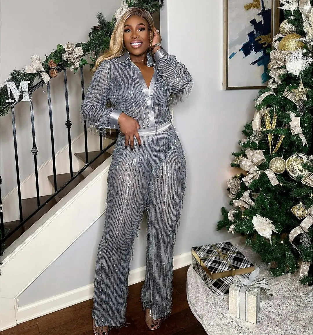 Fringe Sequin Two-Piece Pant Set