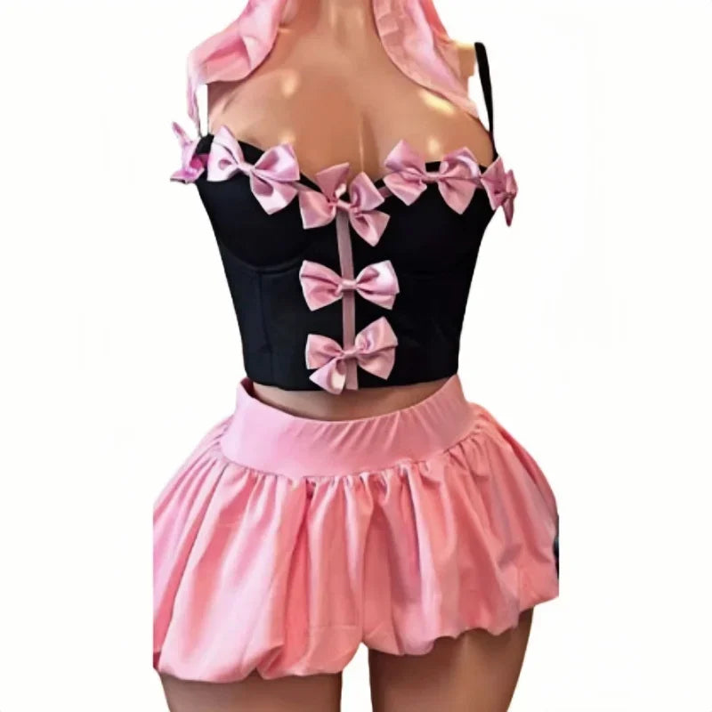Sweet Bow Puffy Mini Skirt and Corset top