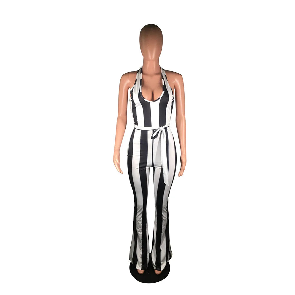 Striped Halter V-neck Jumpsuit