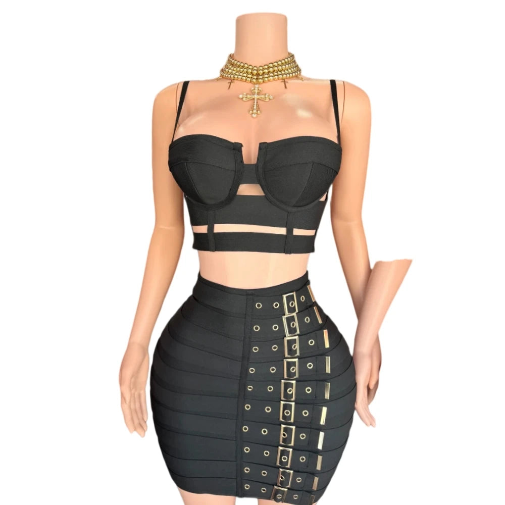 Punk Corset Buckle Bodycon Skirt Set