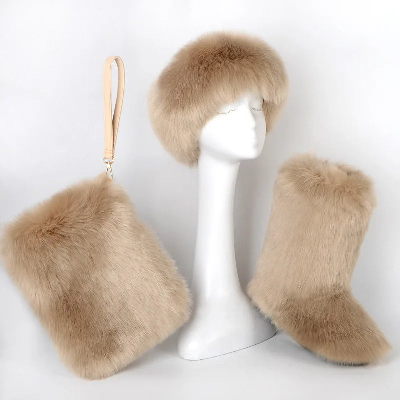 Fox Fur Snow Boots Headband and Handbag Set