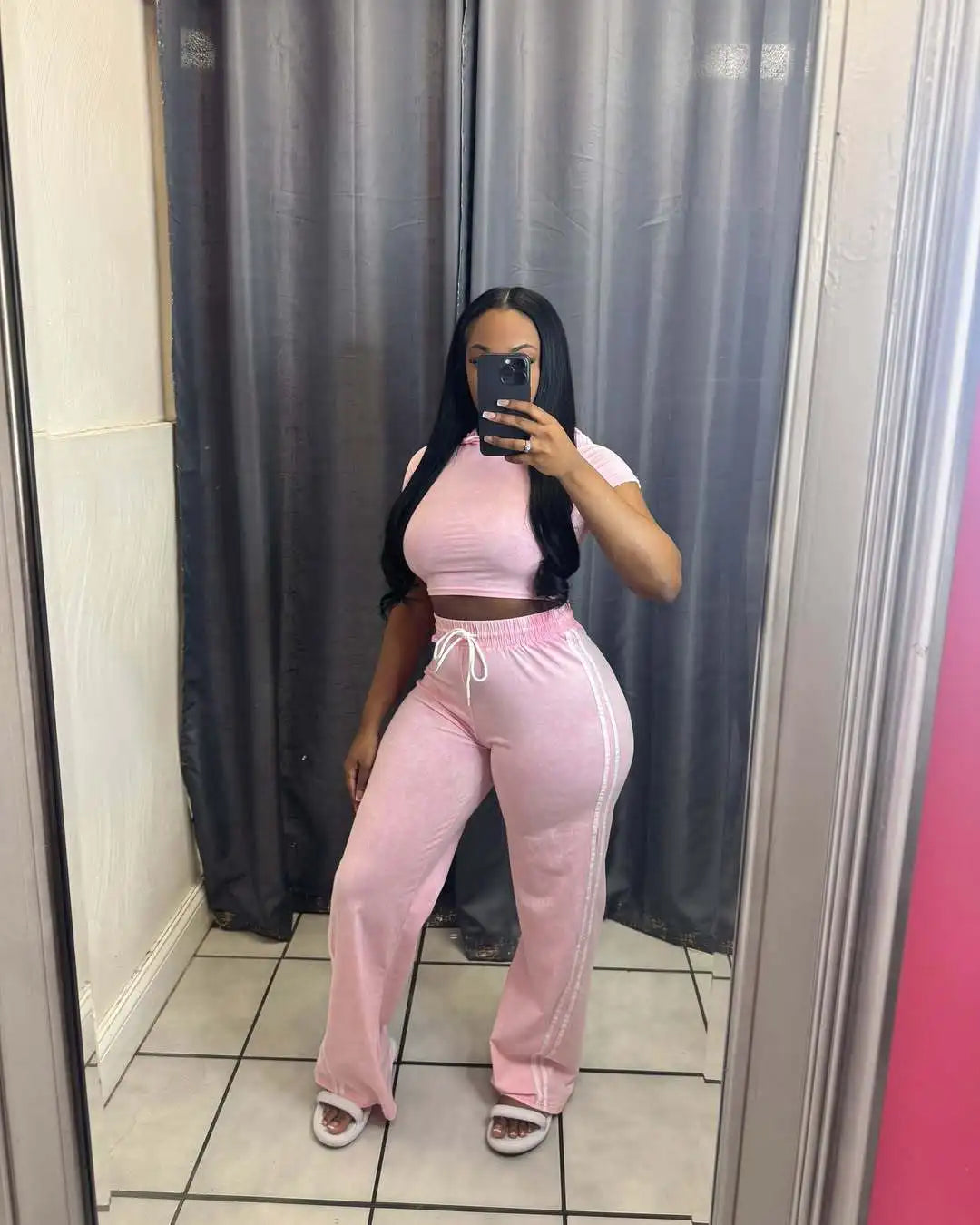 Cute and Comfy Two-Piece Stripe Crop Top and Pants Set.