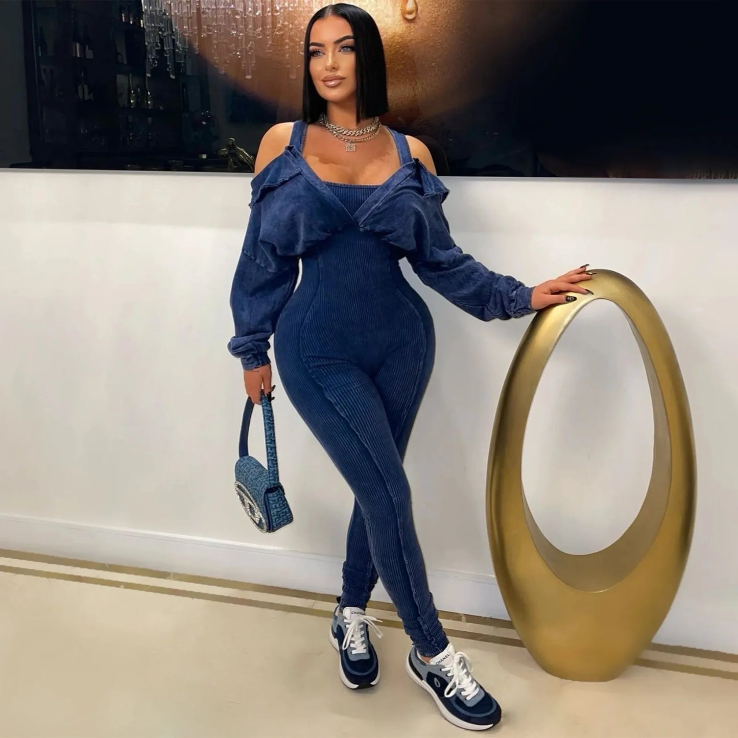 Ribbed Distressed Off Shoulder Jumpsuit.