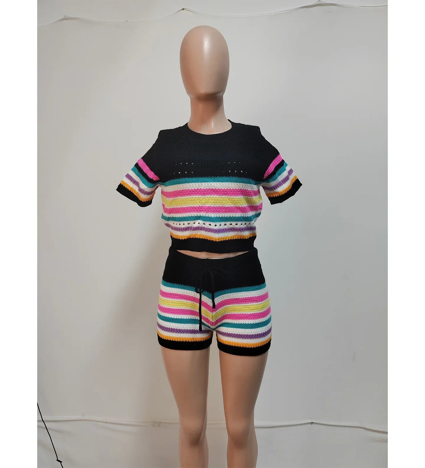 Cute Knit Striped Two-Piece Short Set