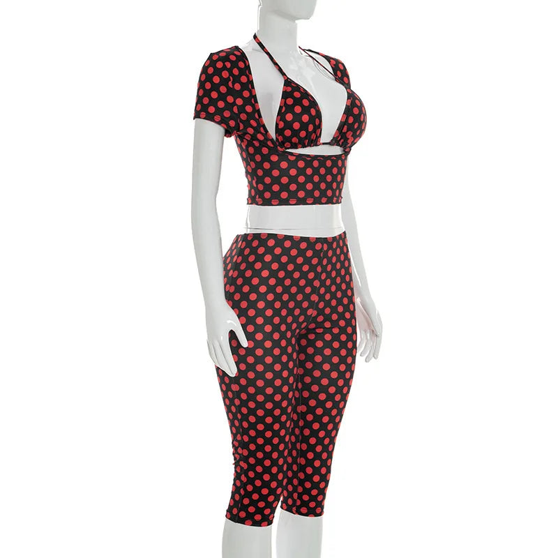 Polka Dot Print Crop Top and Pants Set