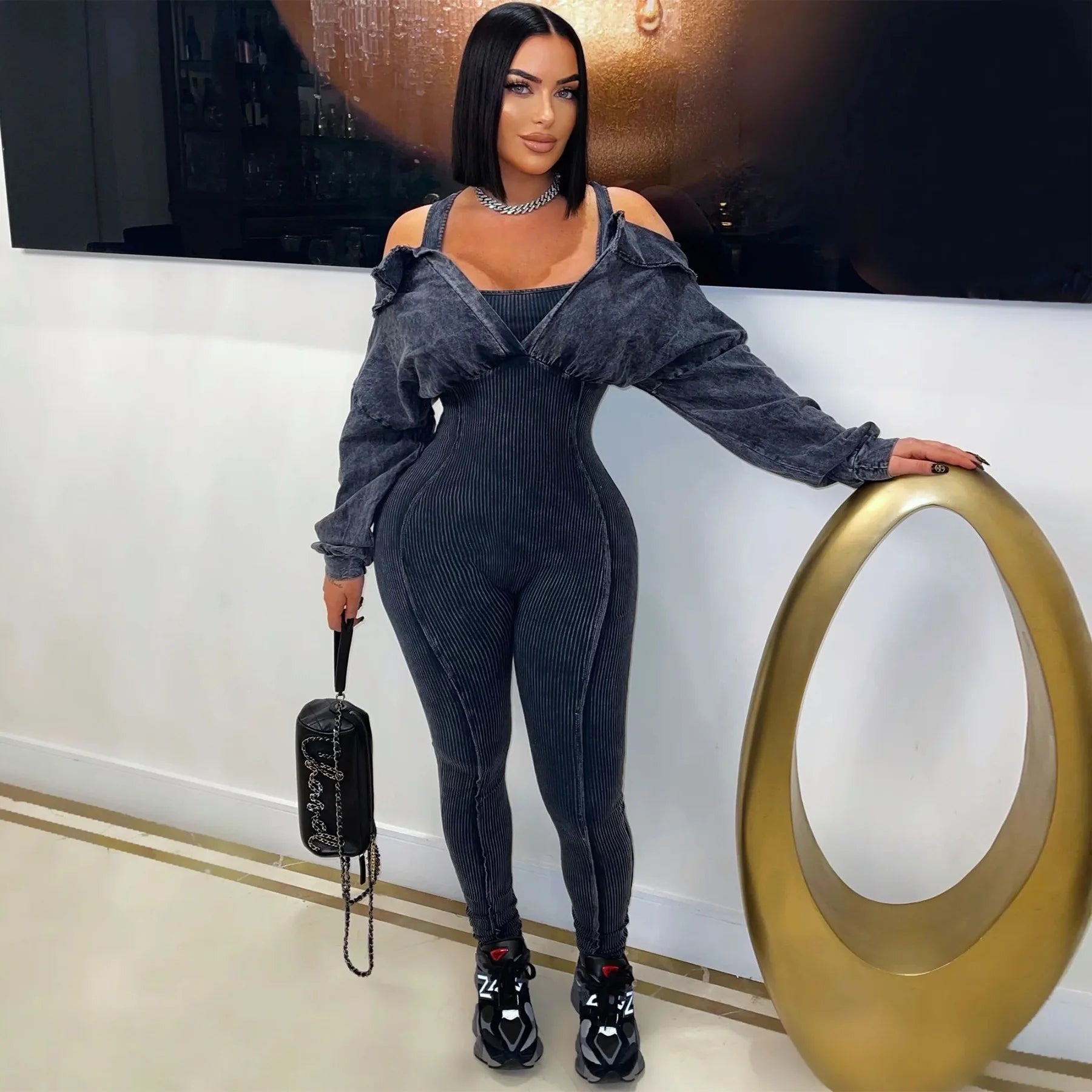 Ribbed Distressed Off Shoulder Jumpsuit.
