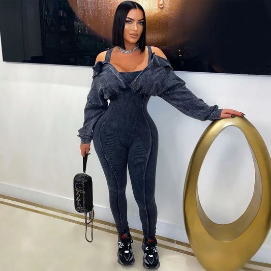 Ribbed Distressed Off Shoulder Jumpsuit