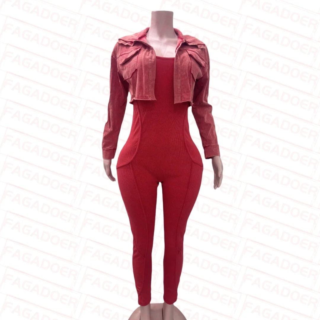 Ribbed Long Sleeve Crop Jacket + Bodycon Jumpsuit.