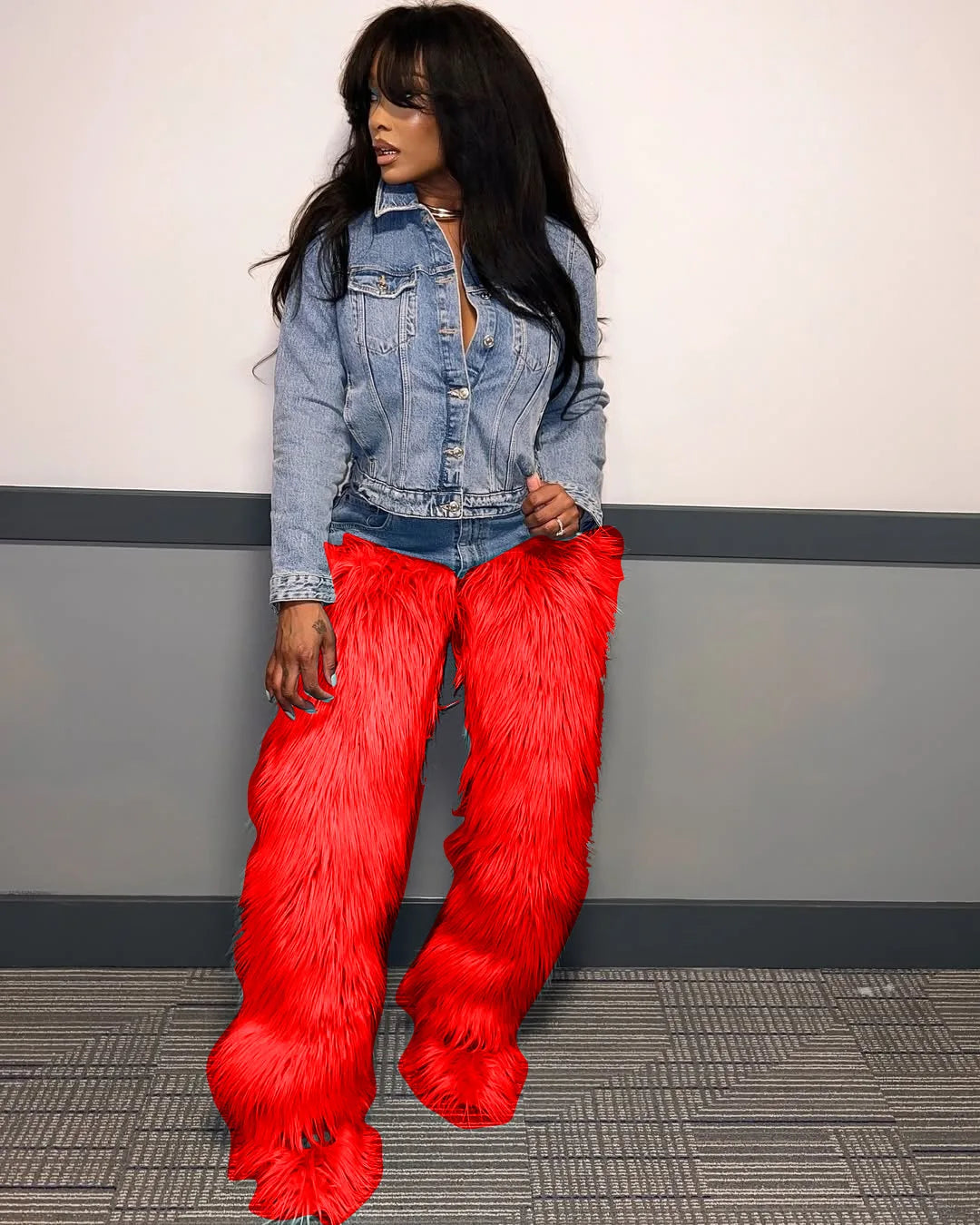 Denim Fur Bodycon High Waist Pants