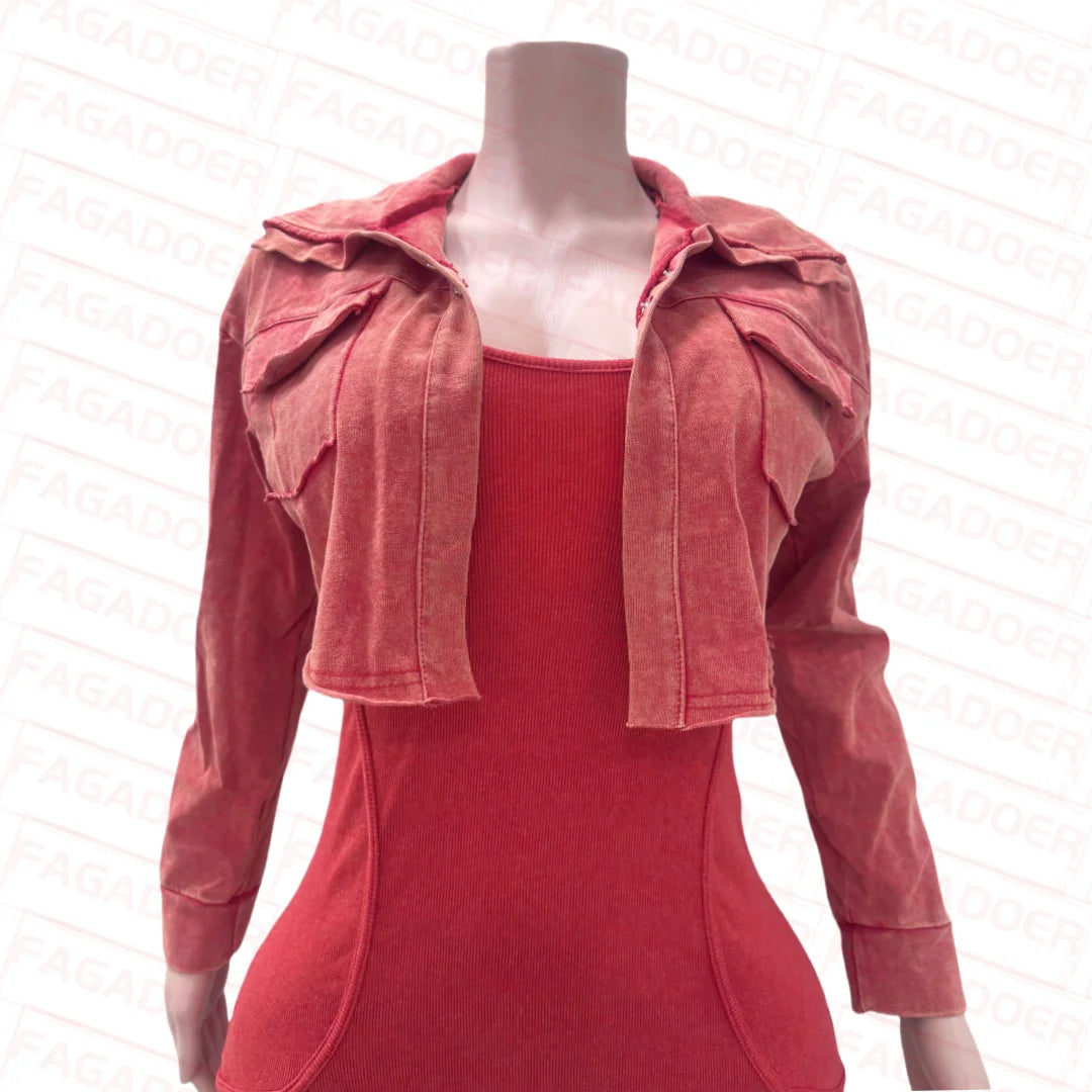 Ribbed Long Sleeve Crop Jacket + Bodycon Jumpsuit.