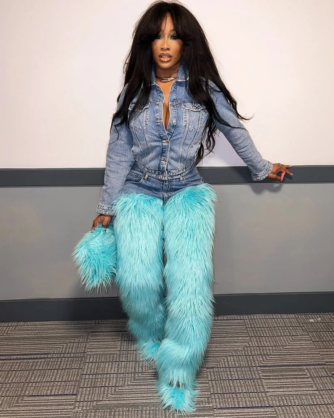 Denim Fur Bodycon High Waist Pants