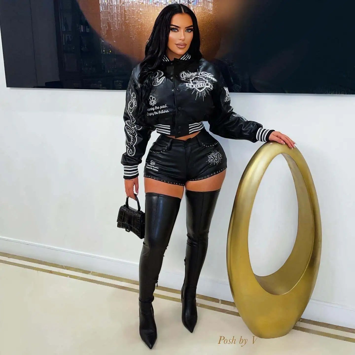 Moto Leather Crop Top and Shorts Set
