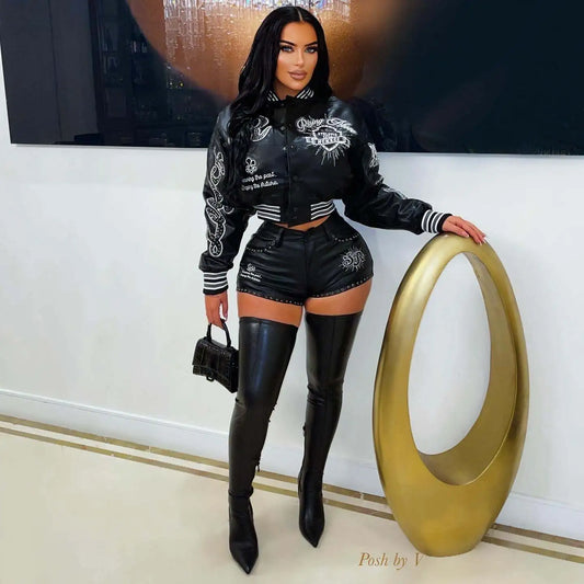 Moto Leather Crop Top and Shorts Set