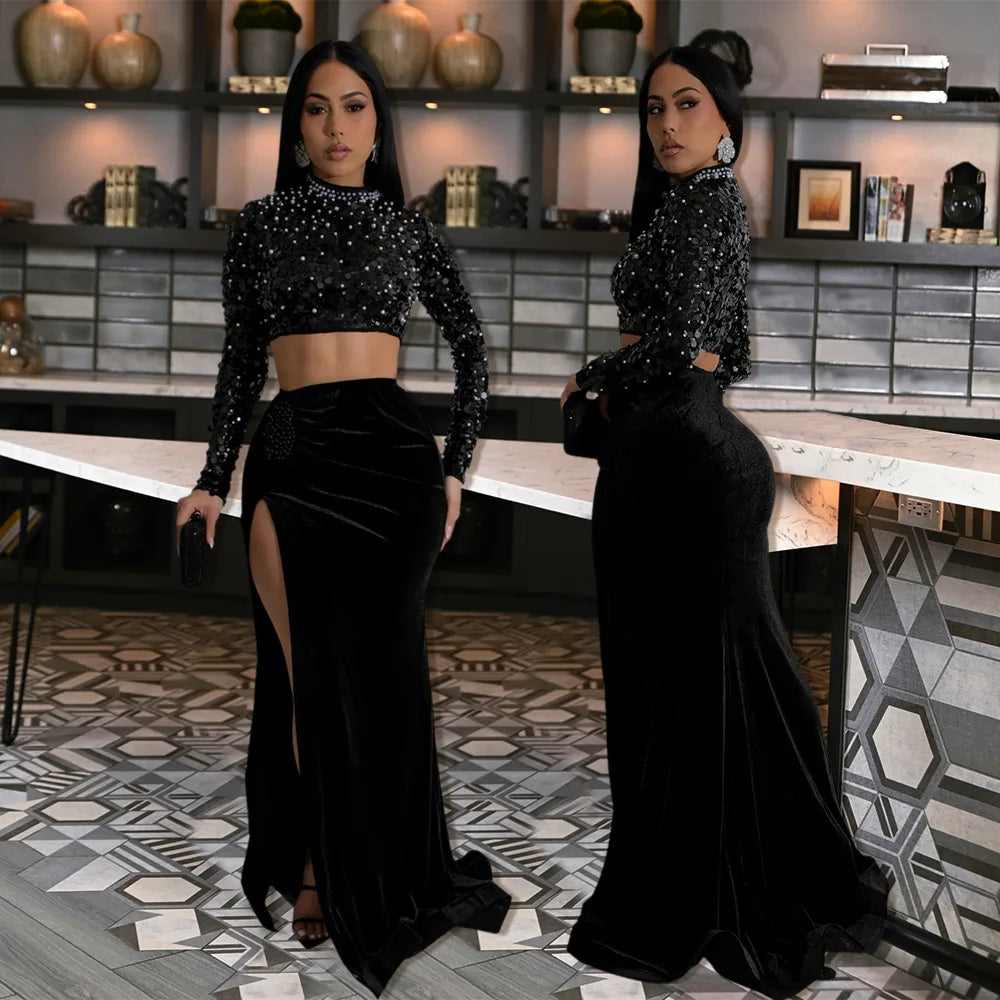 Sequin Velvet Elegant Crop Skirt Set.