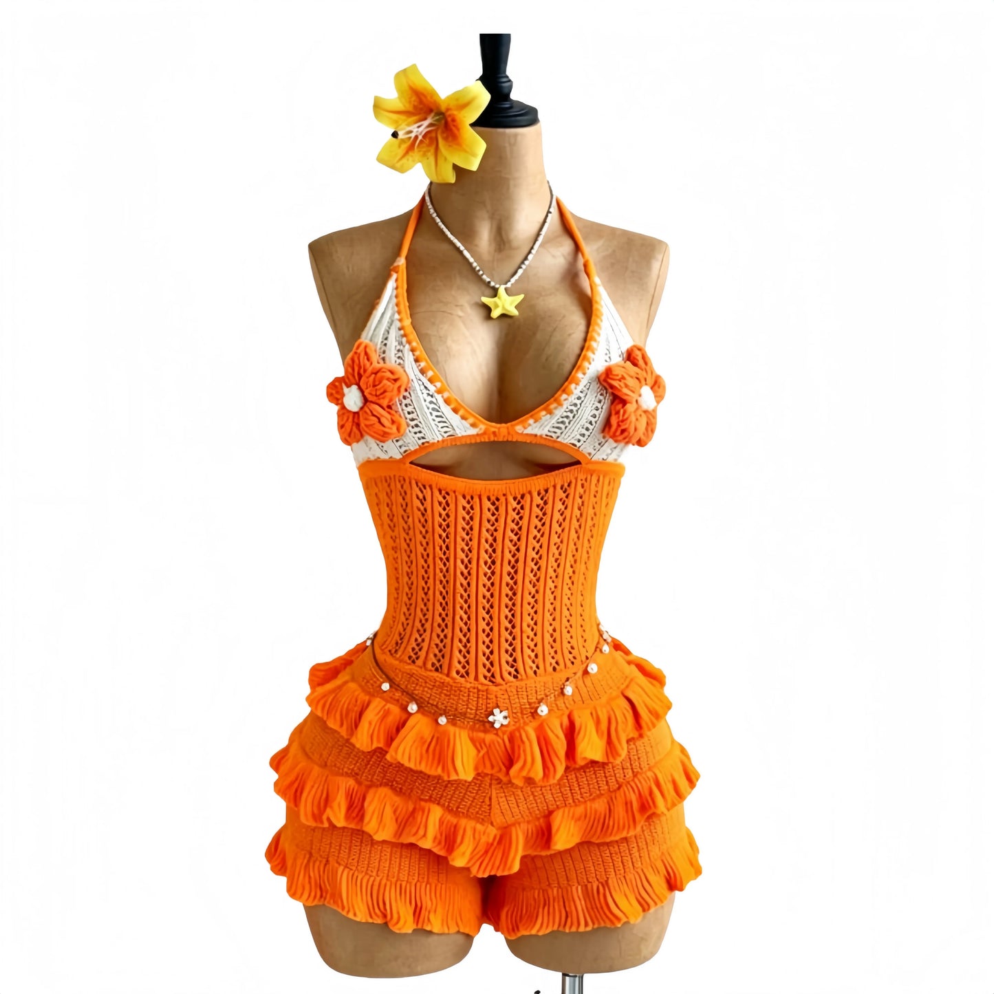 Flower Lace-up Halter Romper