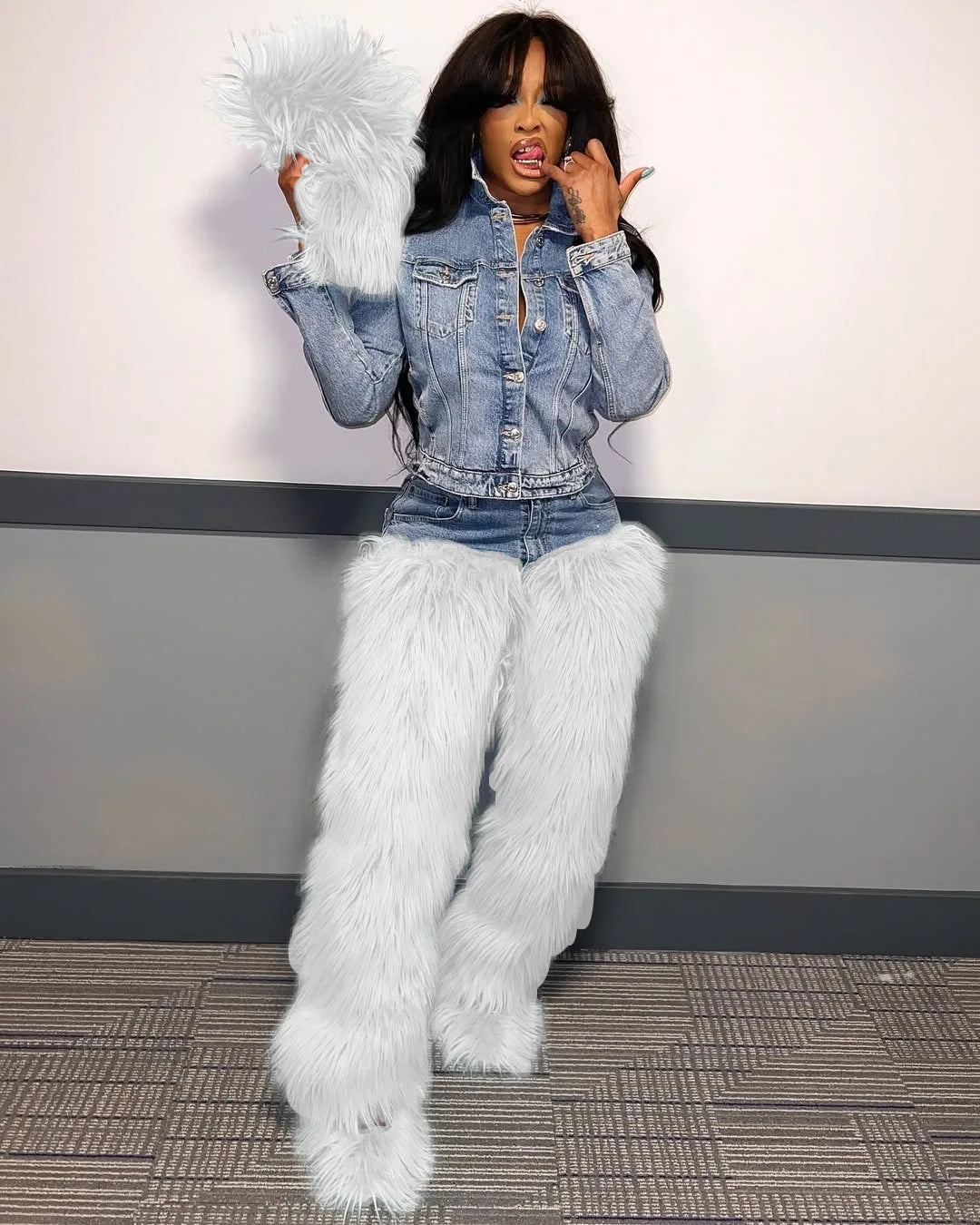 Denim Fur Bodycon High Waist Pants