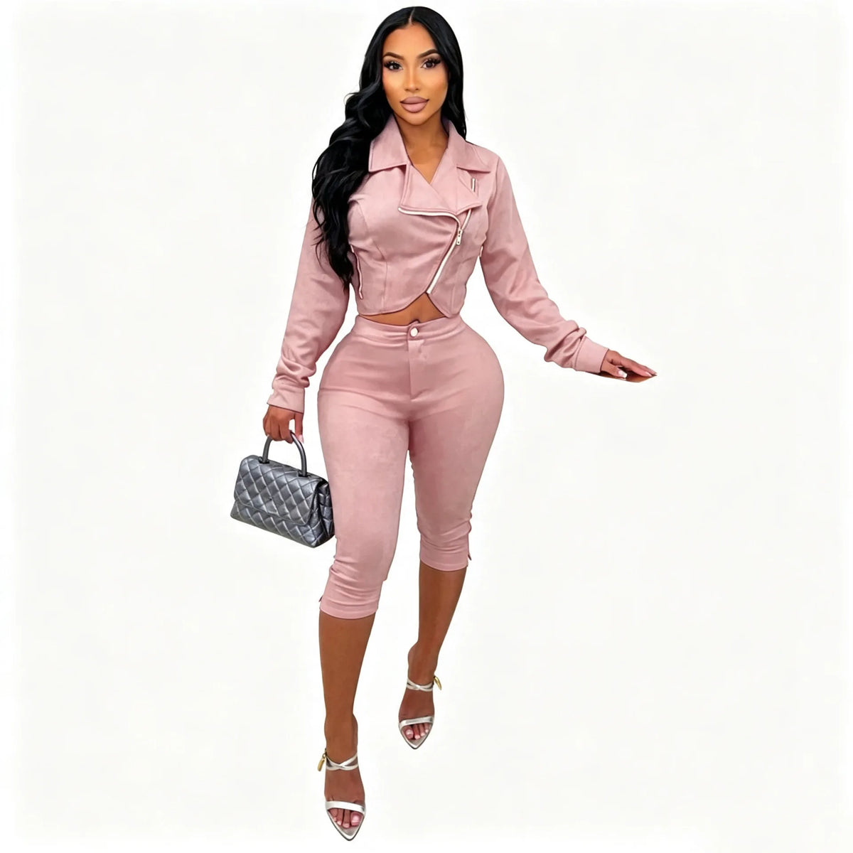 Suede Zip Crop Jacket and Capri Pants Set