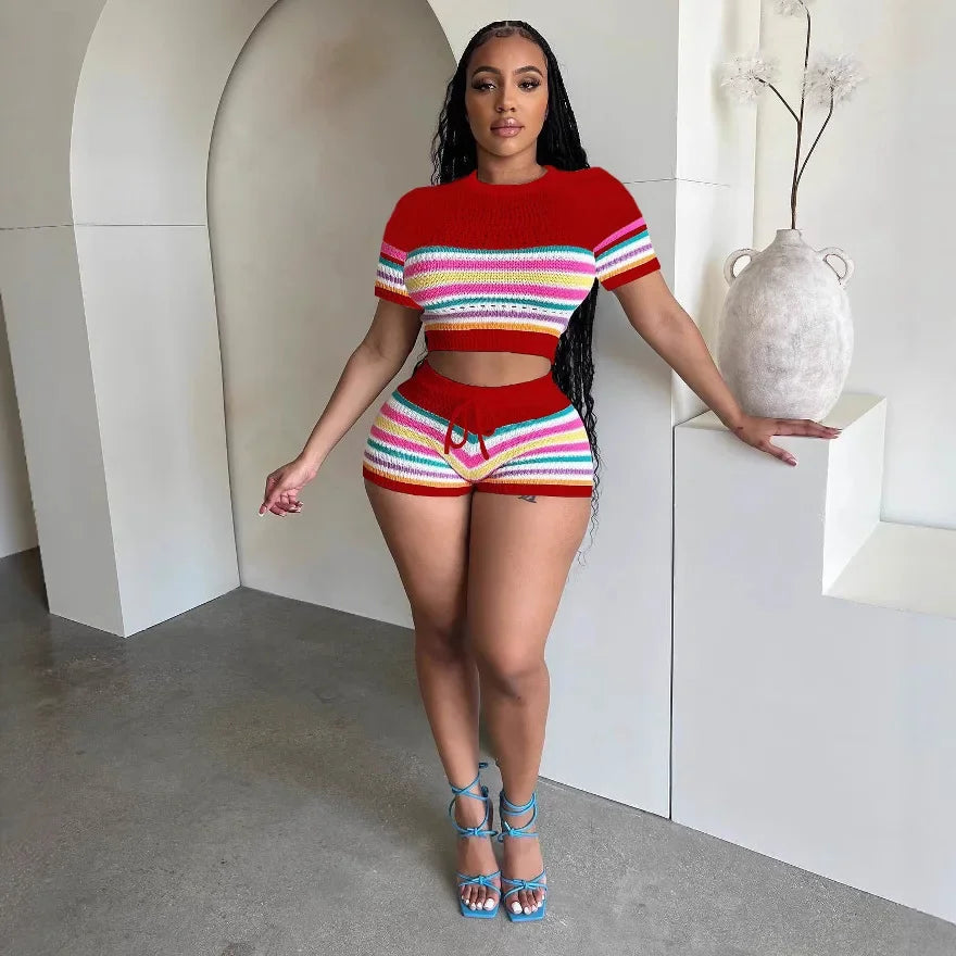 Cute Knit Striped Two-Piece Short Set