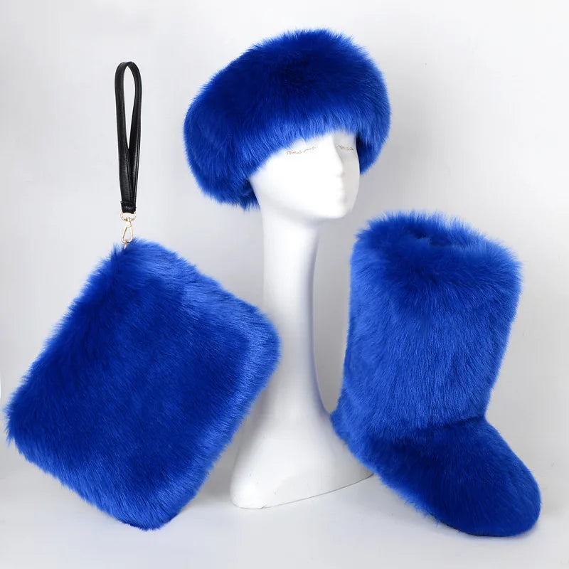 Fox Fur Snow Boots Headband and Handbag Set
