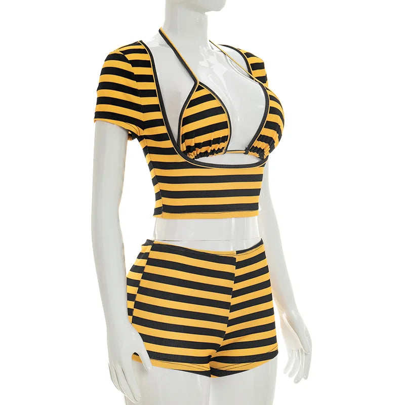 Striped 3 Pc Short Set