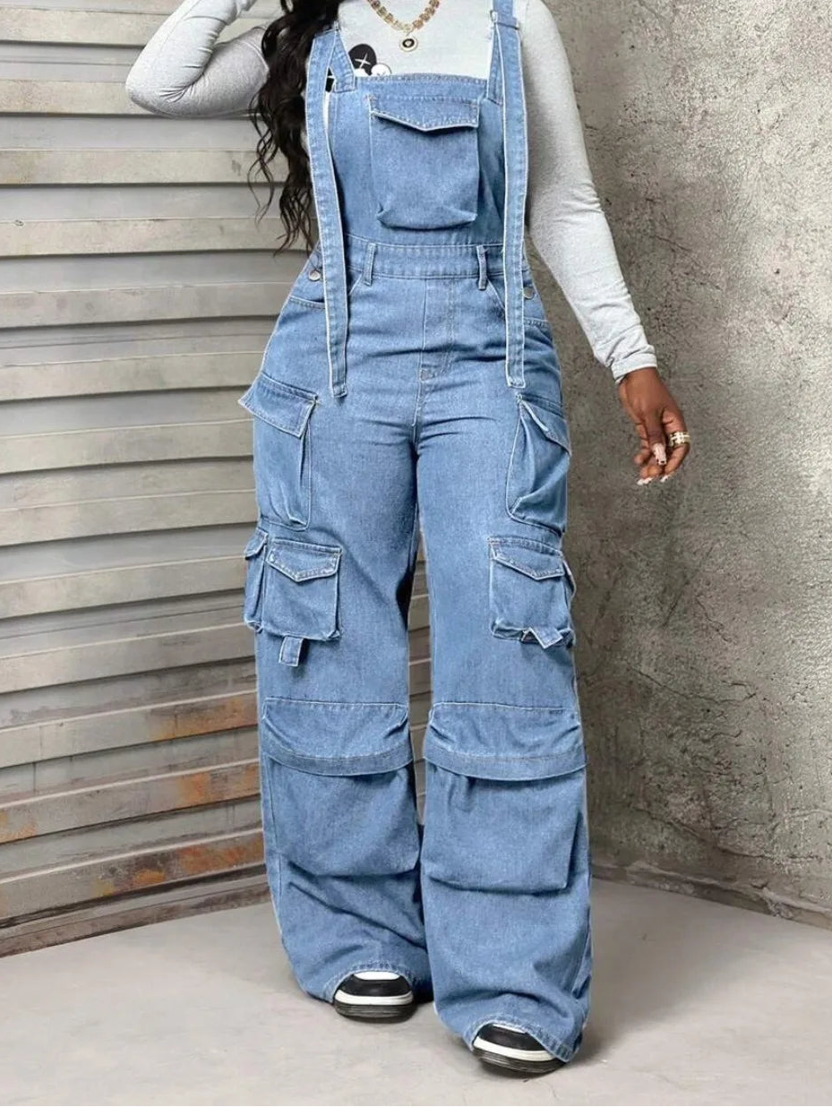 Denim Strap Loose Wide-leg Romper