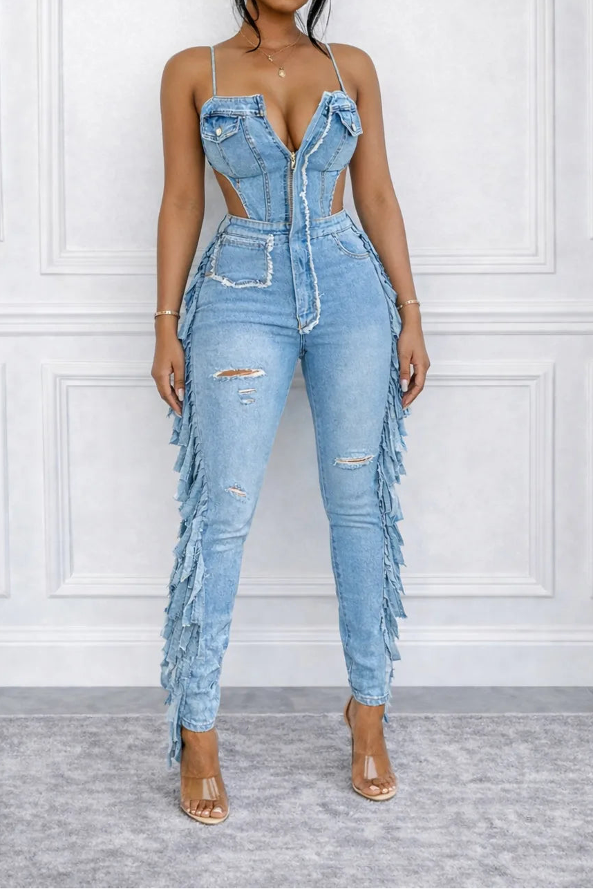 Hollow Out Tassel Jeans Jumpsuit