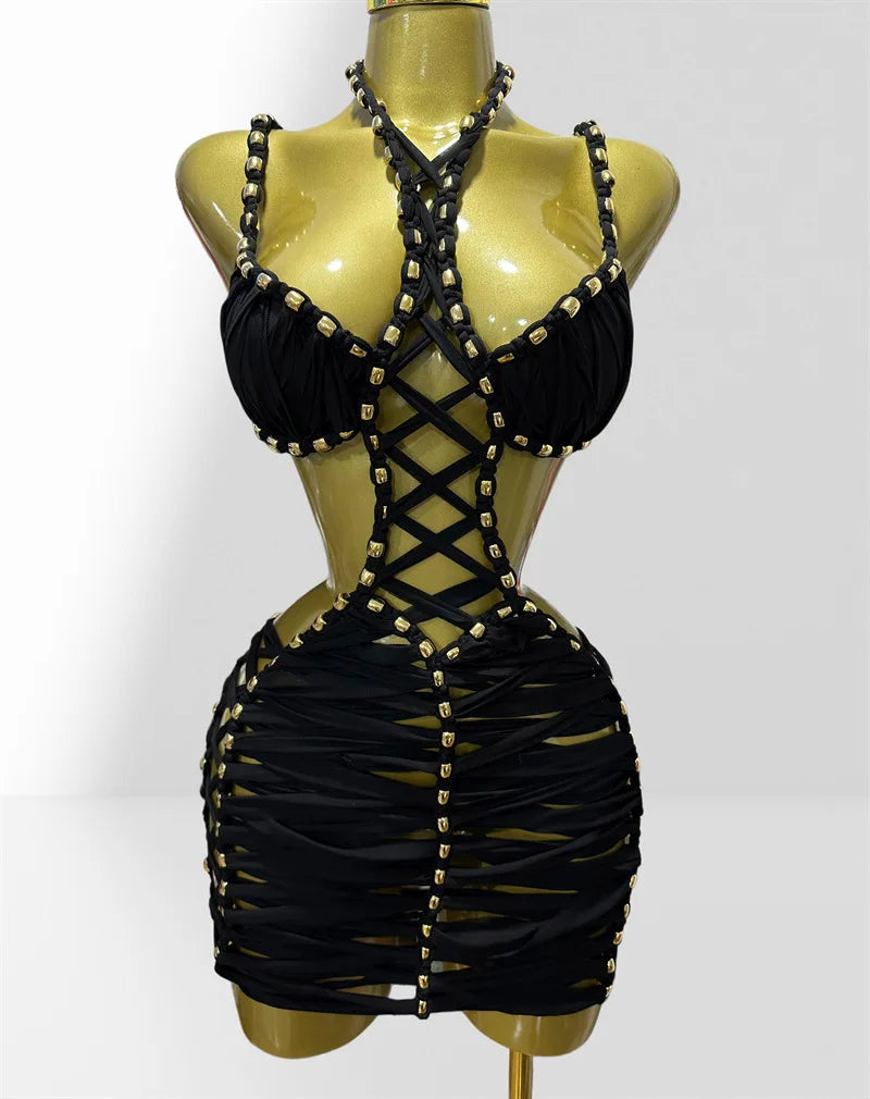 Metal Bead Detail Lace Up Cutout Bodycon Dress